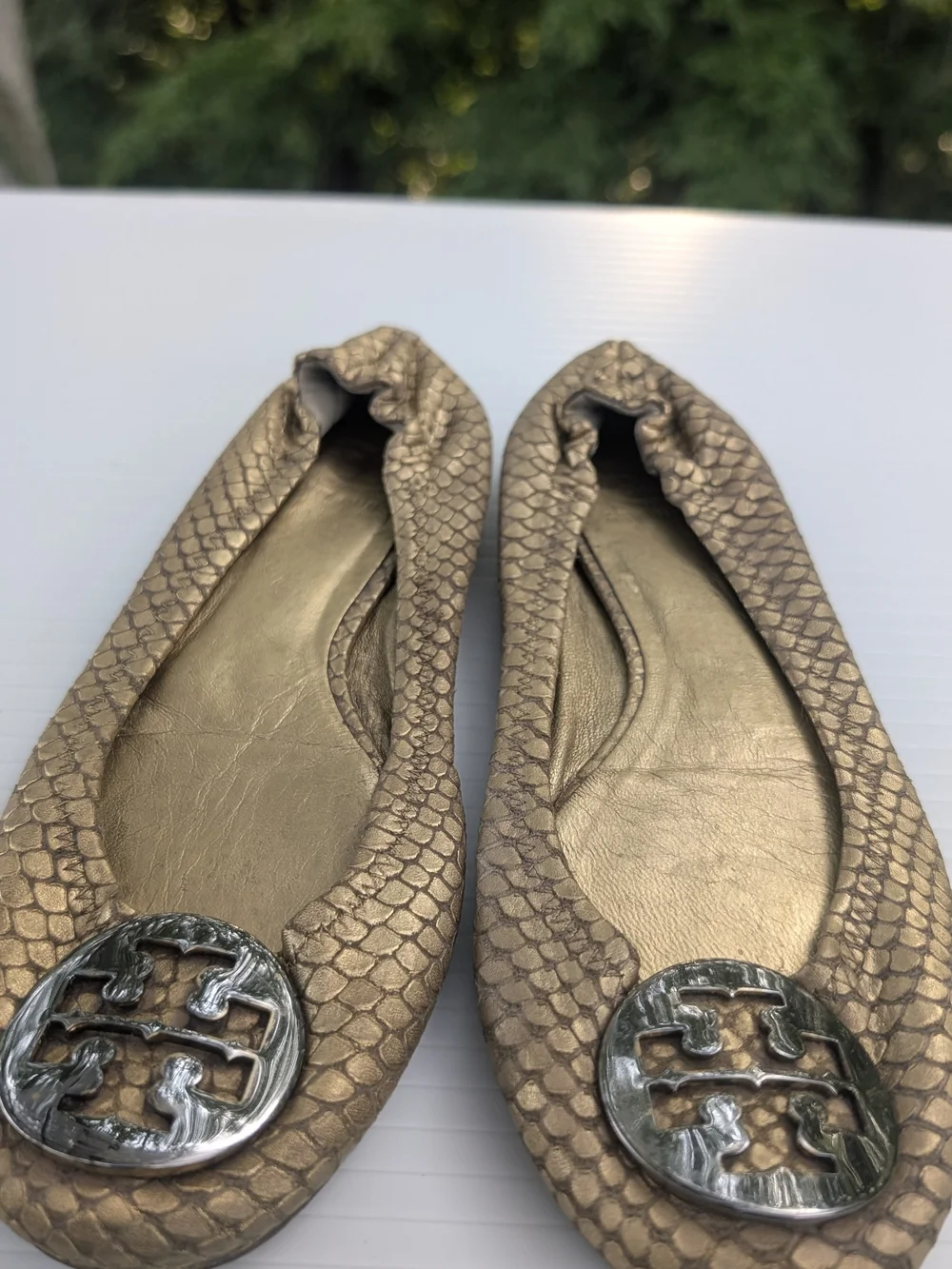 Tory Burch Reva Metallic Bronze Snake-Embossed Ballet Flats with Logo
